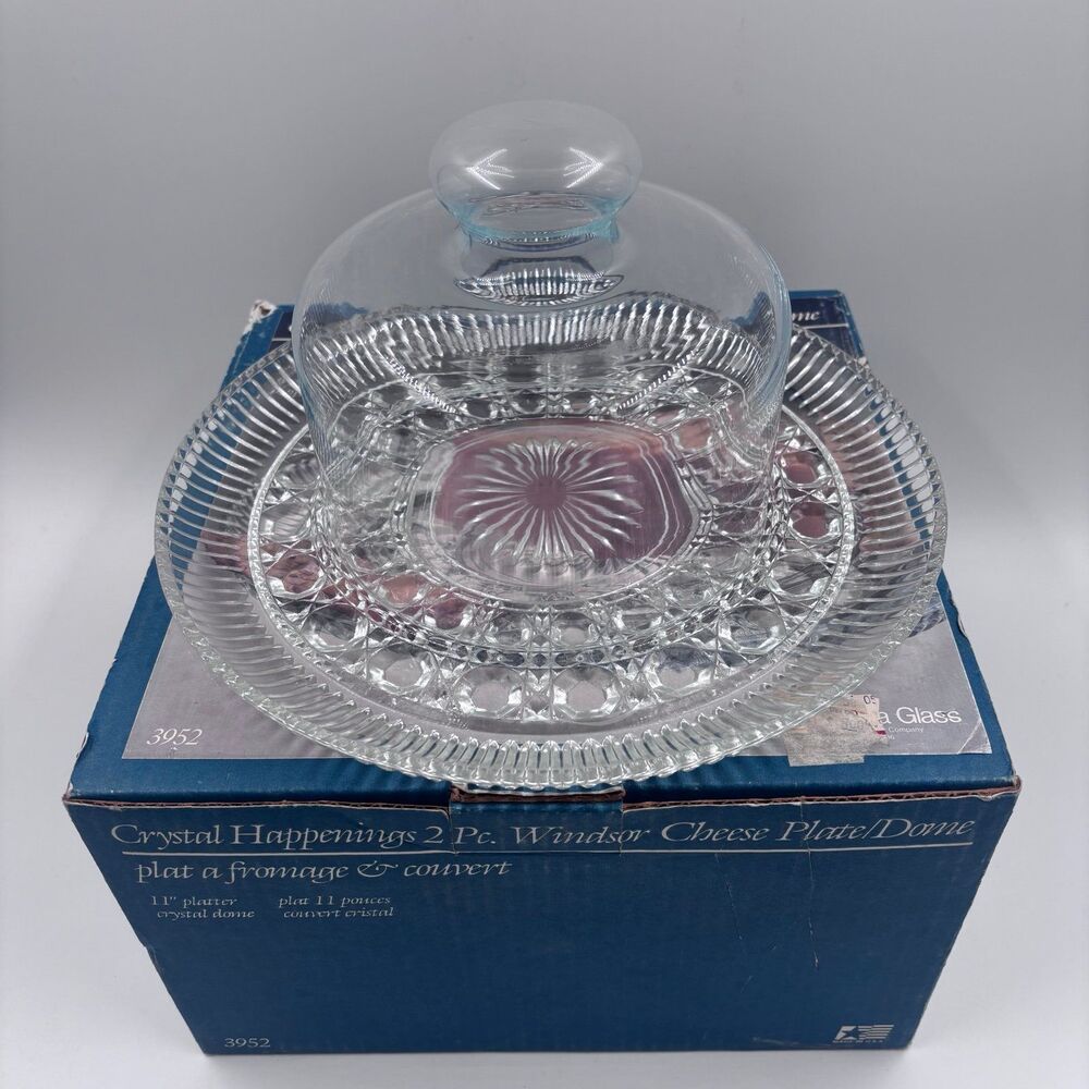 Vintage Indiana Glass Windsor Crystal Happenings Cheese Plate Dome Set 3952
